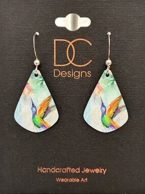 DC Designs Hummingbird Floral Art Print Earrings Sterling Silver Wire Teardrop